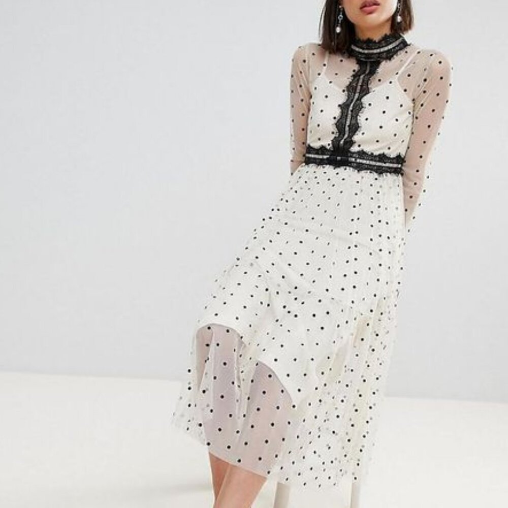 Lace & Beads Ivory Black Polka Dot Chiffon Lace Semi Sheer Midi Dress